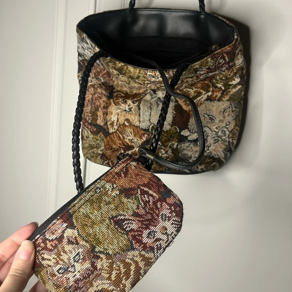 Vintage 1990s Tapestry Cat Tote Bag w/ Matching Wallet